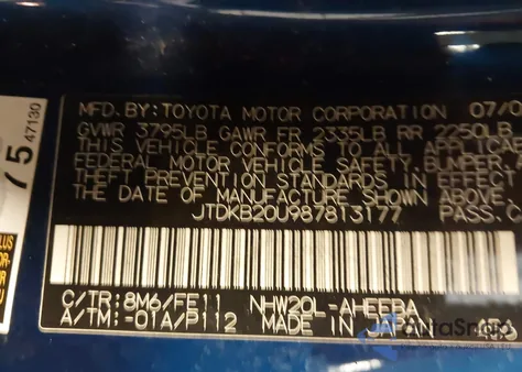 2008 Toyota Prius from USA, damaged, VIN JTDKB20U987813177